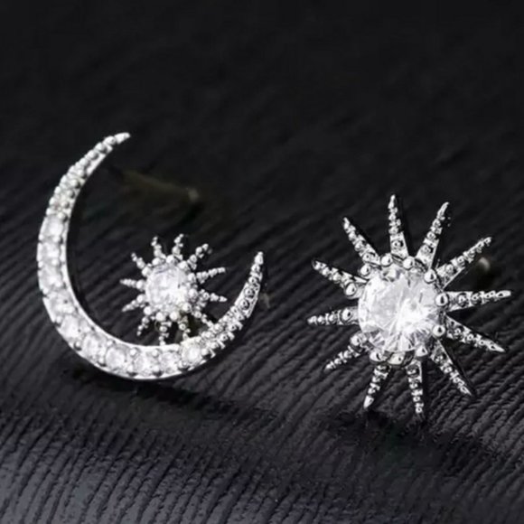 NEW Sterling Silver Diamond Moon Star Earrings - Picture 3 of 5